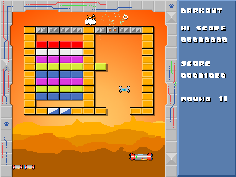 Level 11, with resurrecting bricks, switch bricks, enemies, and a catch powerup active.