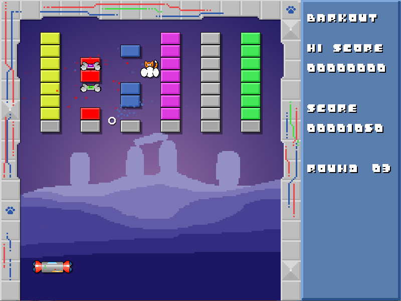 Level 3, showing enemies, bonuses, and different types of bricks.